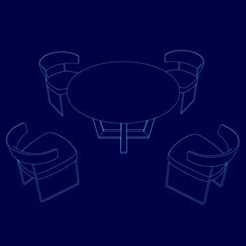 Vector contour flat style chairs and round table on blue background . Isometric Stock Illustration