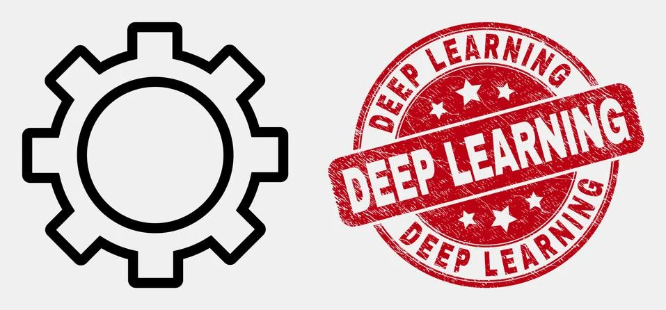 Vector Contour Gear Icon and Distress Deep Learning Seal Illustrazione stock