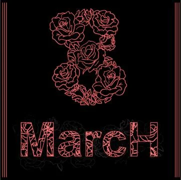 Vector contour greeting card eight march from pink and roses on  background Stock Illustration