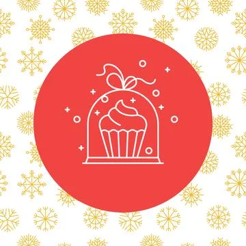 Vector contour icon of red gift, present on round red background 스톡 일러스트