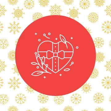 Vector contour icon of red gift, present on round red background Illustrazione stock