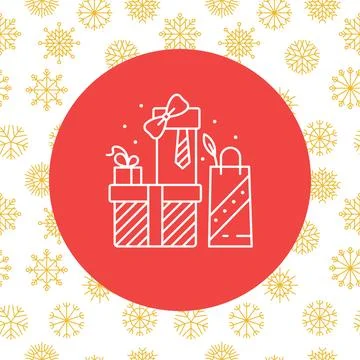 Vector contour icon of red gift, present on round red background Illustrazione stock