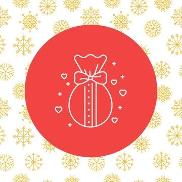 Vector contour icon of red gift, present on round red background Illustrazione stock