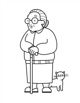 Vector contour Image Of An Old Woman With Glasses And With A Cane. Good Old G Stock Illustration
