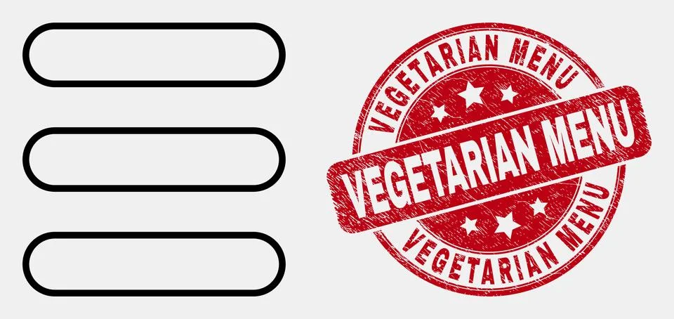 Vector Contour Menu List Icon and Scratched Vegetarian Menu Stamp Stock Illustration