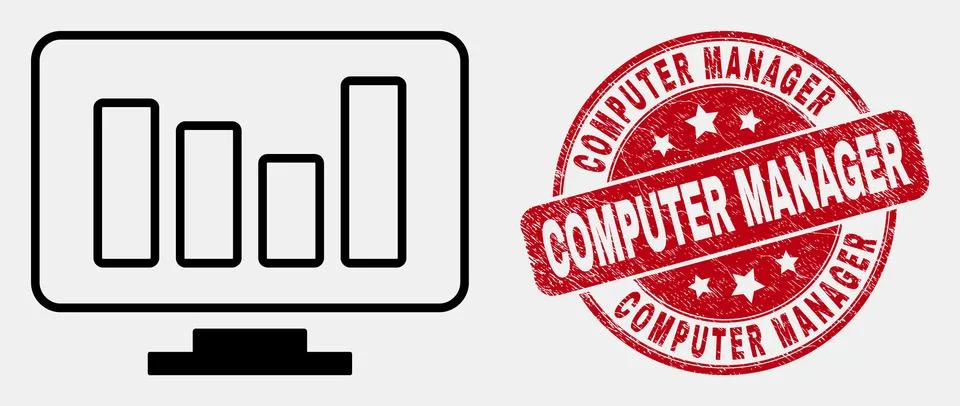 Vector Contour Online Chart Icon and Scratched Computer Manager Stamp Stock Illustration