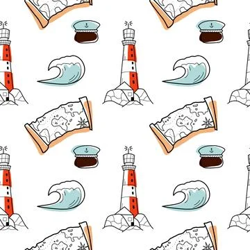 Vector contur and color stain seamless pattern on the theme of sea cruise Illustrazione stock