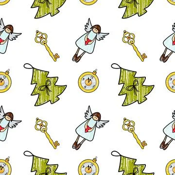 Vector contur and pencil seamless pattern New Year s, Christmas decorations Stock Illustration