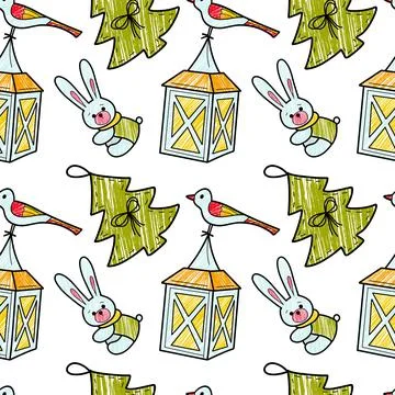 Vector contur and pencil seamless pattern New Year s, Christmas decorations Stock Illustration