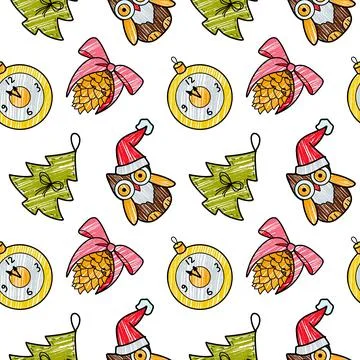 Vector contur and pencil seamless pattern New Year s, Christmas decorations Stock Illustration