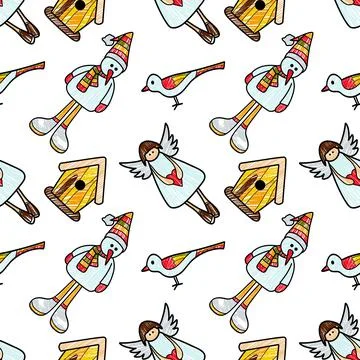 Vector contur and pencil seamless pattern New Year s, Christmas decorations Stock Illustration