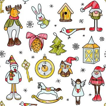 Vector contur and pencil seamless pattern New Year s, Christmas decorations Stock Illustration