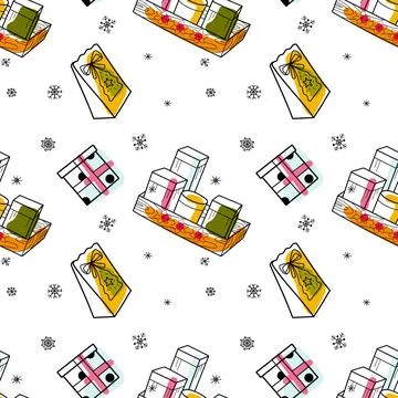 Vector contur and spot seamless pattern New Year s, Christmas gifts Stock Illustration