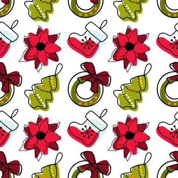 Vector contur and spot seamless pattern Christmas decorations Stock Illustration