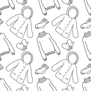 Vector contur seamless pattern of winter clothes Stock Illustration