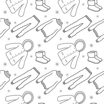 Vector contur seamless pattern of winter clothes Stock Illustration
