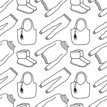 Vector contur seamless pattern of winter clothes Stock Illustration