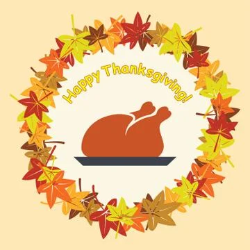 Vector cooked turkey for thanksgiving day and autumn leaves Stock Illustration