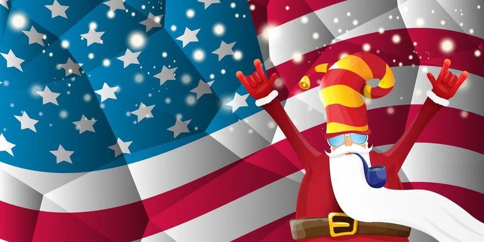 Vector cool rock n roll santa claus with smoking pipe, santa beard and funky hat Stock Illustration