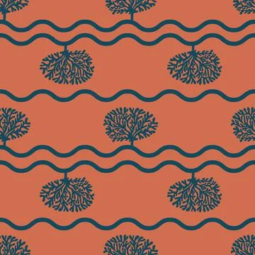 Vector cooper terracotta dark blue tree curly lines hand drawn seamless pattern Stock Illustration