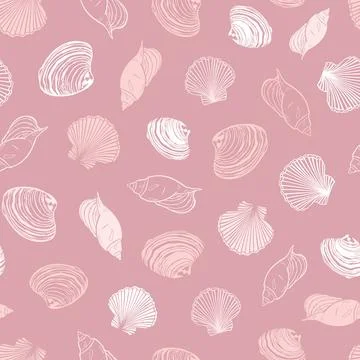 Vector coral pink repeat pattern with variety of seashells. Perfect for greet Stock Illustration