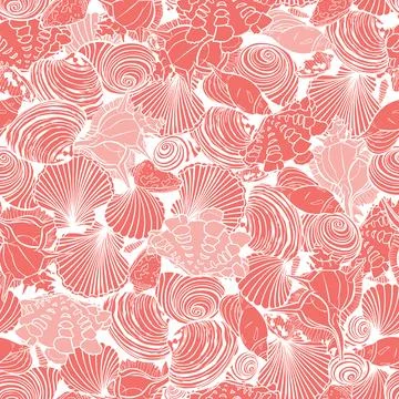 Vector coral pink repeat pattern with variety of overlaping seashells. Perfec Illustrazione stock