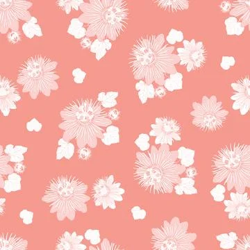 Vector coral pink seamless pattern with leaves and wild flower. Surface patte Stock Illustration