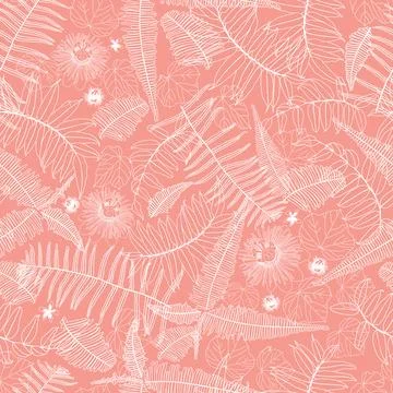Vector coral pink seamless pattern with ferns, leaves and wild flower. Suitab Stock Illustration