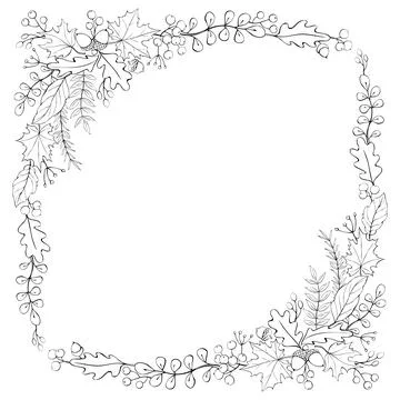 Vector corner elements of outline acorns, leaves, berries in doodle style. Sq Stock Illustration