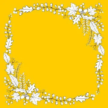 Vector corner elements of white acorns, leaves, berries in doodle flat style. イラスト素材