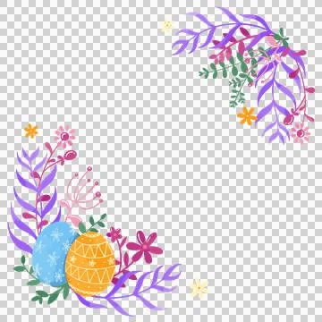 Vector corner frame is featuring patterned eggs and floral sprigs on transparent Stock Illustration