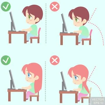 Vector - Correct body alignment in sitting working with computer イラスト素材
