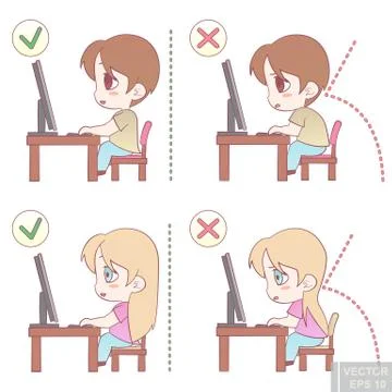 Vector - Correct body alignment in sitting working with computer Stockillustratie
