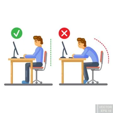 Vector - Correct body alignment in sitting working with computer Flat illustr Illustrazione stock