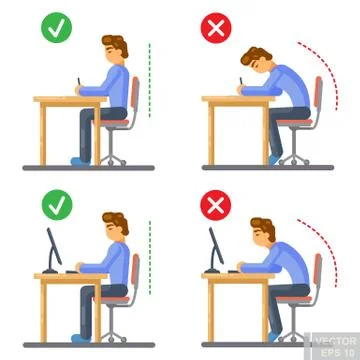 Vector - Correct body alignment in sitting working with computer writing draw Stock Illustration