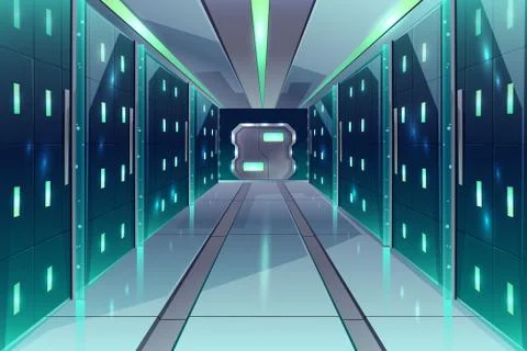 Vector corridor in spaceship, server center, datacenter Stock Illustration