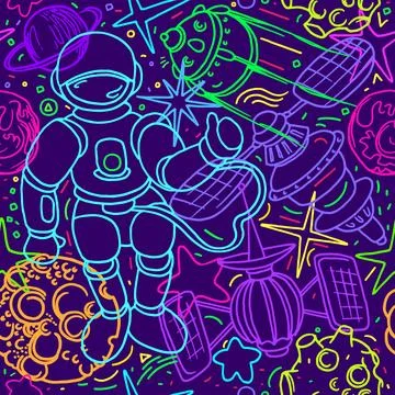 Vector cosmic seamless pattern. Space in cartoon style. Art line doodle illus Stock Illustration