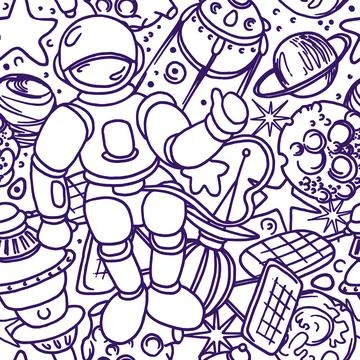 Vector cosmic seamless pattern. Space in cartoon style. Art line doodle illus Illustrazione stock