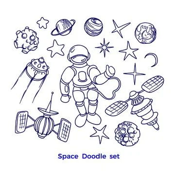 Vector cosmic set of space in cartoon style. Futuristic art line doodle illus Stock Illustration