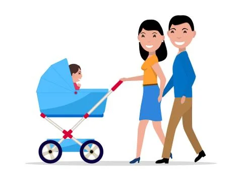 Vector couple parents with a stroller and a child Stock Illustration