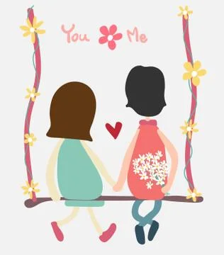 Vector couple sit on swing holding handand flower Stock Illustration