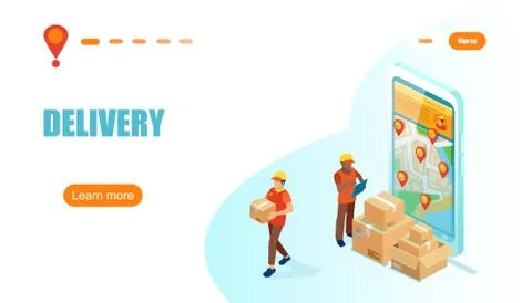 Vector of a courier men standing near the boxes and a smartphone with map hol 스톡 일러스트