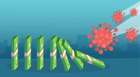 Vector of COVID-19 virus pathogen creating  domino effect and finance crisis. Stock Illustration