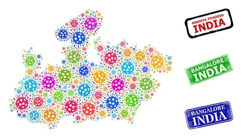 Vector Covid collage Madhya Pradesh State map, and grunge Bangalore India sea Stock Illustration