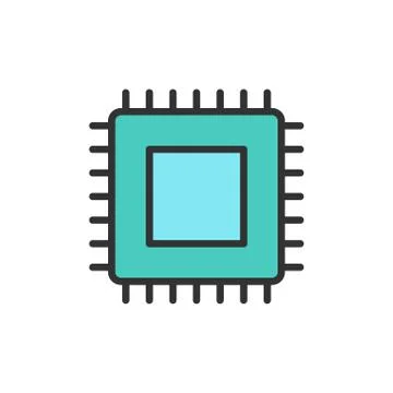 Vector CPU microprocessor, computer chip flat color line icon. 库存插图