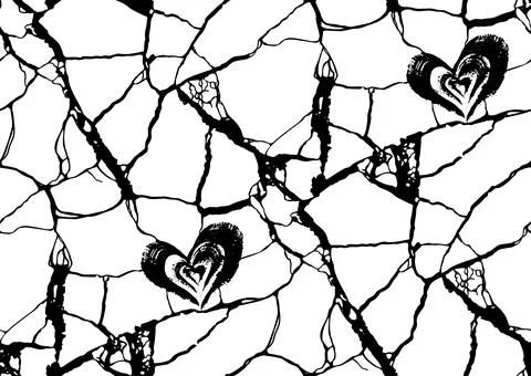Vector cracks and hearts seamless pattern, kintsugi art concept, black and white Stock Illustration