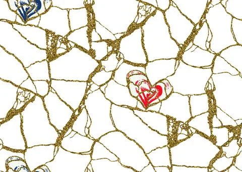 Vector cracks and hearts seamless pattern, kintsugi art concept, Golden, red Stock Illustration