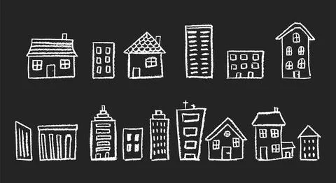 Vector crayon set of white pastel buildings for children, featuring wax and Ilustración de archivo