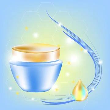 Vector cream jar with a drop and glares for cosmetology and skin care in blue Stock Illustration