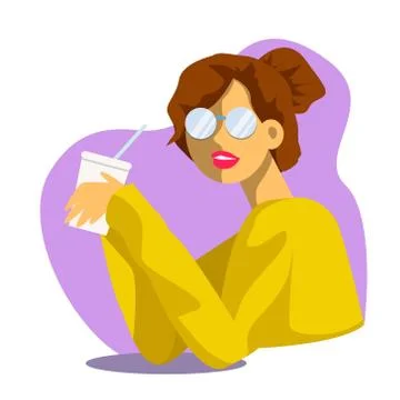 Vector creative cartoon illustration. Cute young woman drinks soda or molkshake Stock-Illustration